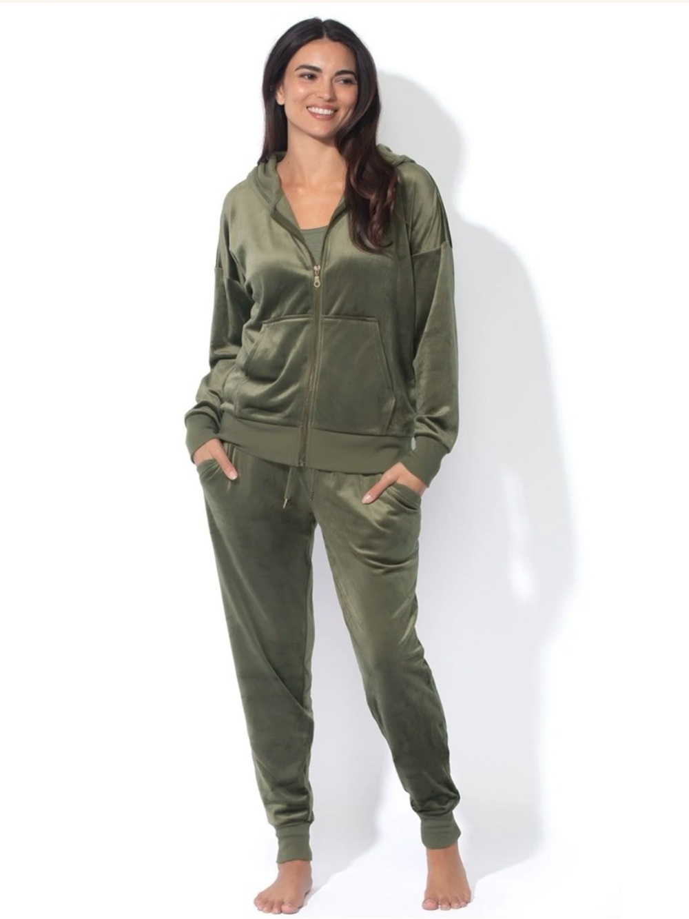 Felina Velour Hoodie & Jogger Set Olive Green Women S Jogging Suit Sleepwear NWT - Picture 2 of 7